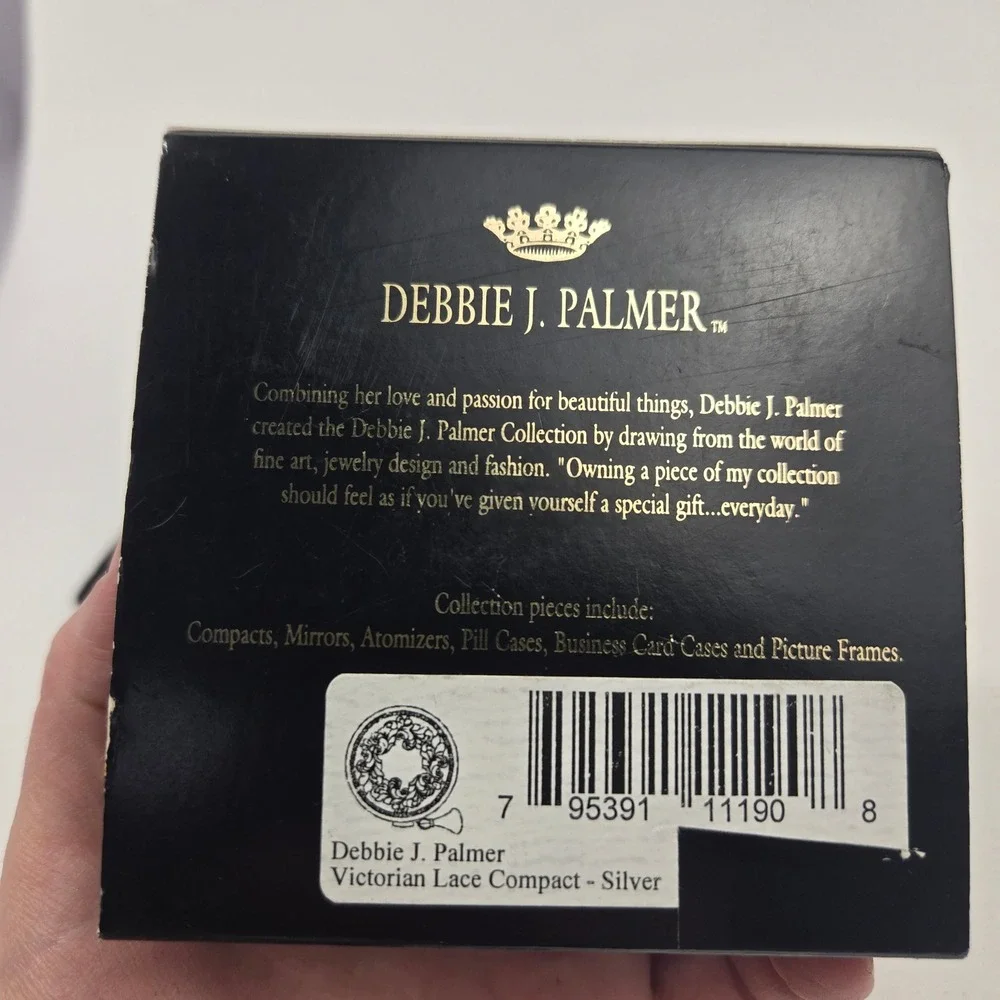 Debbie J Palmer Victorian Lace Silver Compact Mirror Box & Velvet Pouch